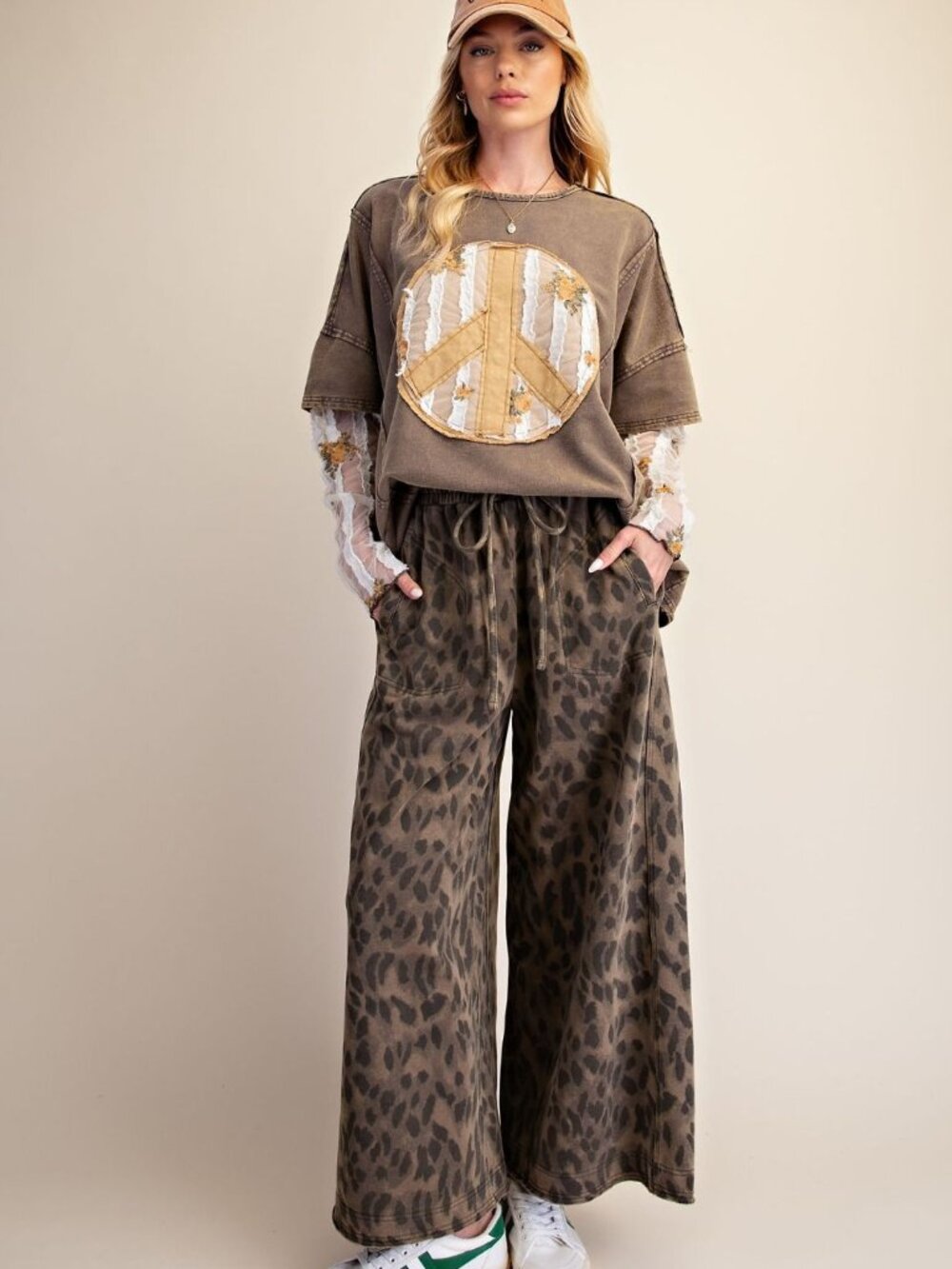 ETA 9/27 - Easel Peace Patch Washed Knit Top Plus Size